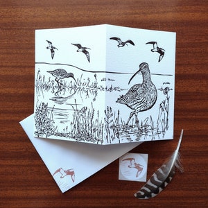 Curlews Card. Handprinted linocut