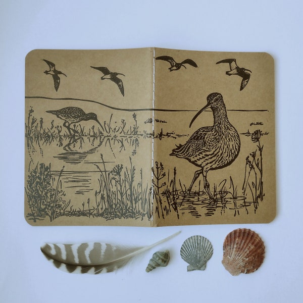 Handprinted Curlews Lined/Plain Notebook/Sketcbook (A6).