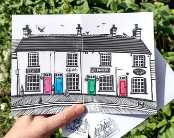 Shop local card. Handprinted linocut