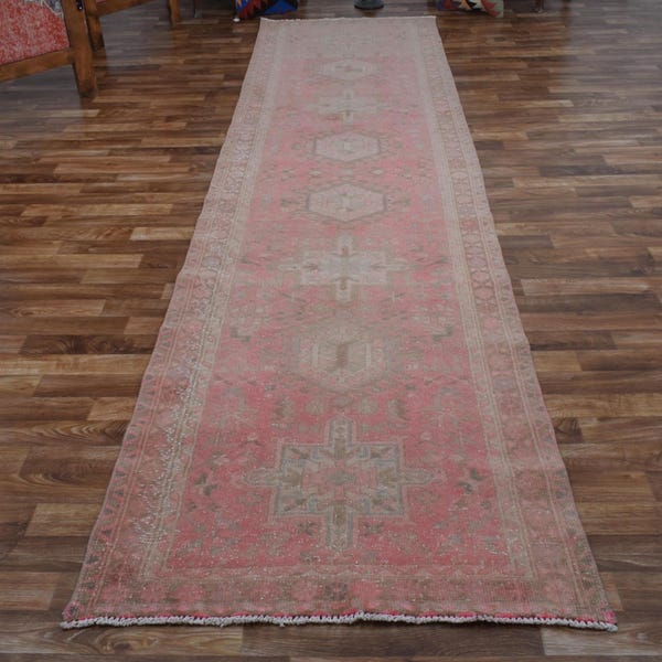 3x12 Turkish Faded Pink Salmon Runner Rug, Handmade Stone Beige Vintage Oushak Hallway Distressed Rug with Soft Tribal Motifs