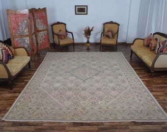 23x30 Vintage Extra Großer Oversize Bio-Teppich, Handgefertigter Wollteppich, Neutraler Oushak Teppich, Türkischer Teppich