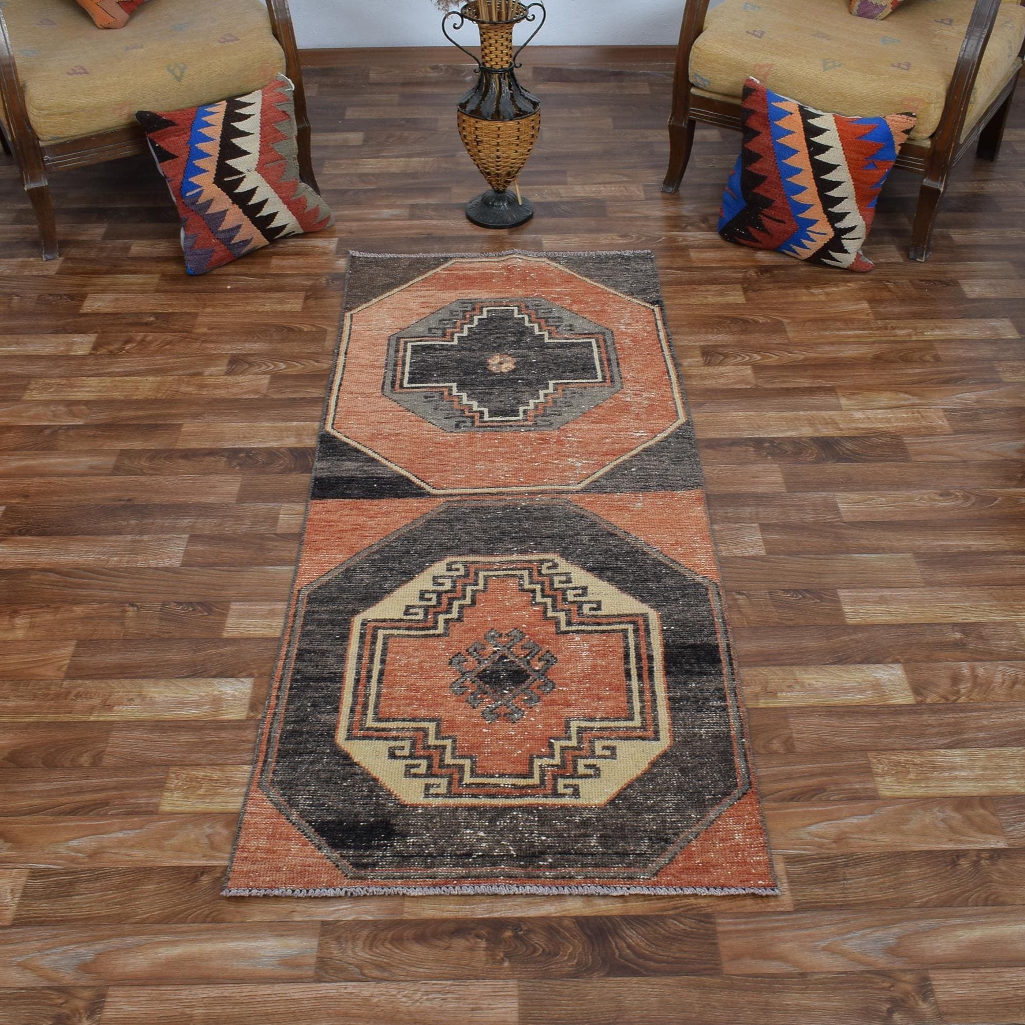 Burnt Orange Tribal Rug, 2x5 Charcoal Black Double Medallion