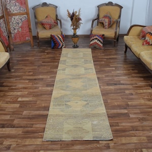Neutraal handgemaakt Oushak-lopertapijt, 2 x 11 vintage Turks smal lang pastelwol-katoen gangtapijt