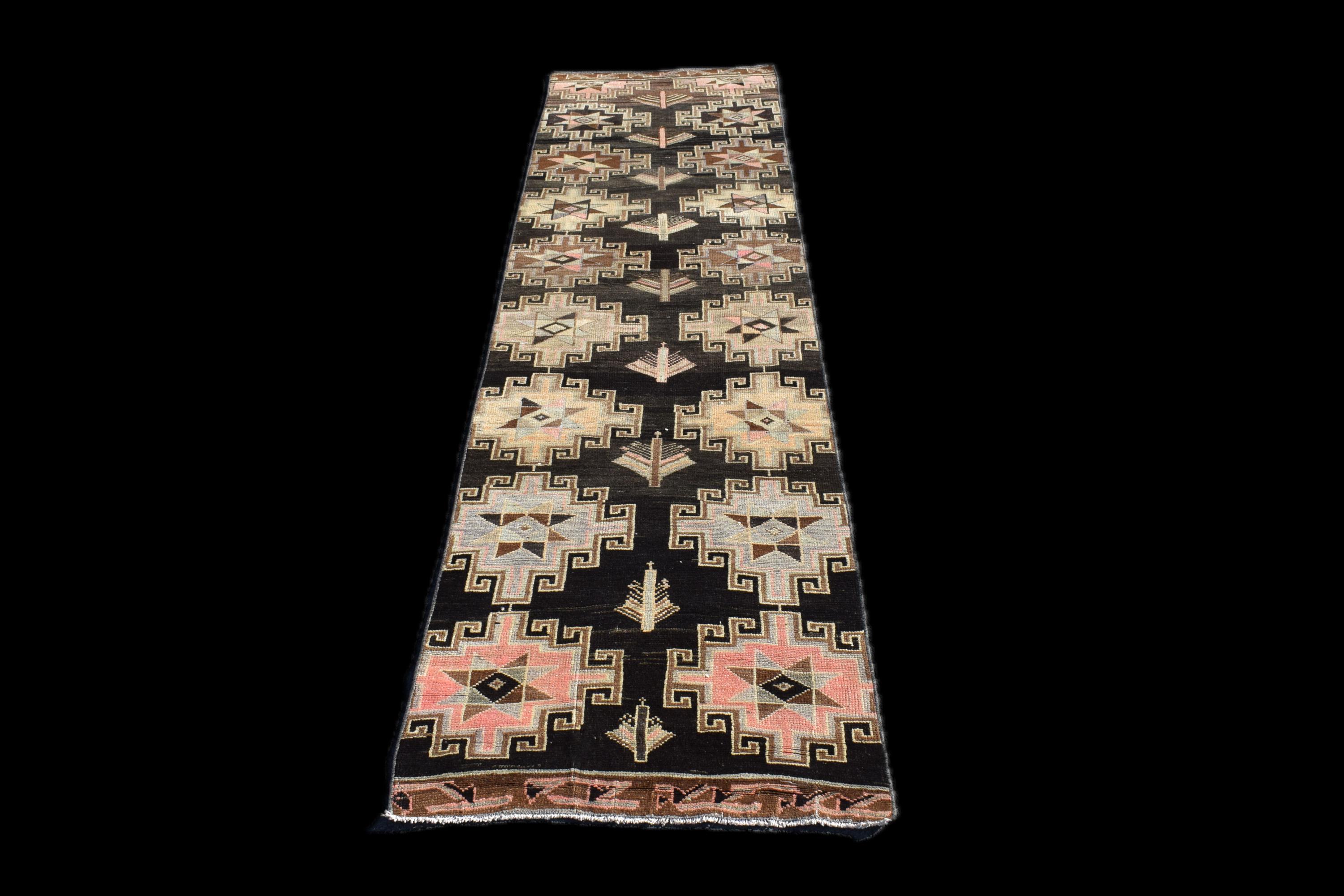 3x11 Vintage Black Antique Runner Rug, Wool Hand Made Soft Rug, 3x11 Ft Oushak Kars Turkish Runner Rug, 3x11 Anatolian Rug, 3x11 Hallway Rug