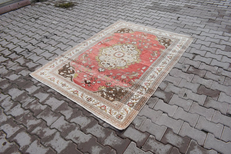 5X7 AREA RUG,4/'69\u00d76/'33 ft,Wool Rug,Pastel Soft Rug,Vintage Rug,Oushak Rug,Turkish Rug,Hand Made Rug,Boho Rug,Faded Red Rug,Anatolian Rug,