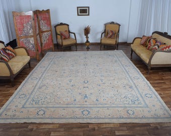 10x14 Vintage türkische Oushak Oversize Teppich - Handgeknüpfter großer Wollteppich, anatolischer handgefertigter Teppich für Wohnzimmer Esszimmer Bodenteppich