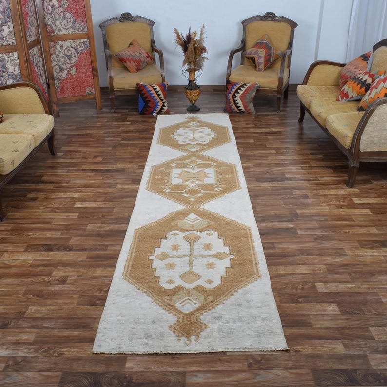 Diamond Runner Rug 3x13 Vintage Golden Tan Diamond Runner Rug, Soft Off-white Handmade ...