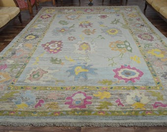 Oversized Vintage Oushak Rug 10x14, Handmade Turkish Wool Carpet, Ivory Sage Green Floral Area Rug, Luxury Designer Home Decor