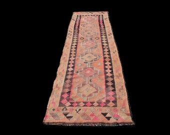 3x11 Vintage Rug, 3x11 Ft Pastel Runner, 3x11 Narrow Runner, 3x11 Turkish Kelim, Hand-Made Wool Rug, 3x11 Oushak Runner, 3x11 Tribal Runner