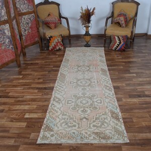 Alfombra vintage hecha a mano de 3x10, alfombra Oushak de 3 x 10 pies, alfombra turca de 3 x 10 pies, alfombra pastel de 3x10, alfombra estrecha de 3x10, alfombra anatolia de 3x10