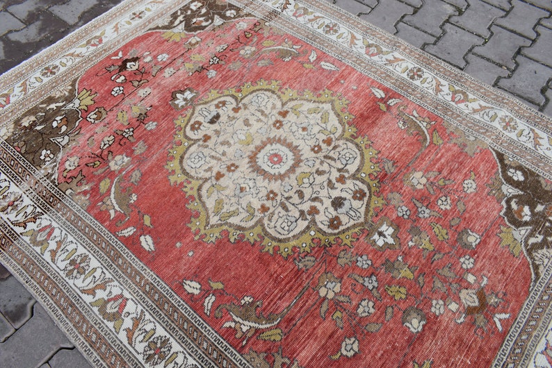5X7 AREA RUG,4/'69\u00d76/'33 ft,Wool Rug,Pastel Soft Rug,Vintage Rug,Oushak Rug,Turkish Rug,Hand Made Rug,Boho Rug,Faded Red Rug,Anatolian Rug,