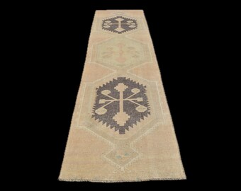 3X11 Vintage Rug, Hand Made Rug, Pastel Oushak Rug, 3x11 Turkish Rug, Soft Hallway Rug, Narrow Runner Rug, 3x11 Rustic Rug, Neutral Rug 3x11
