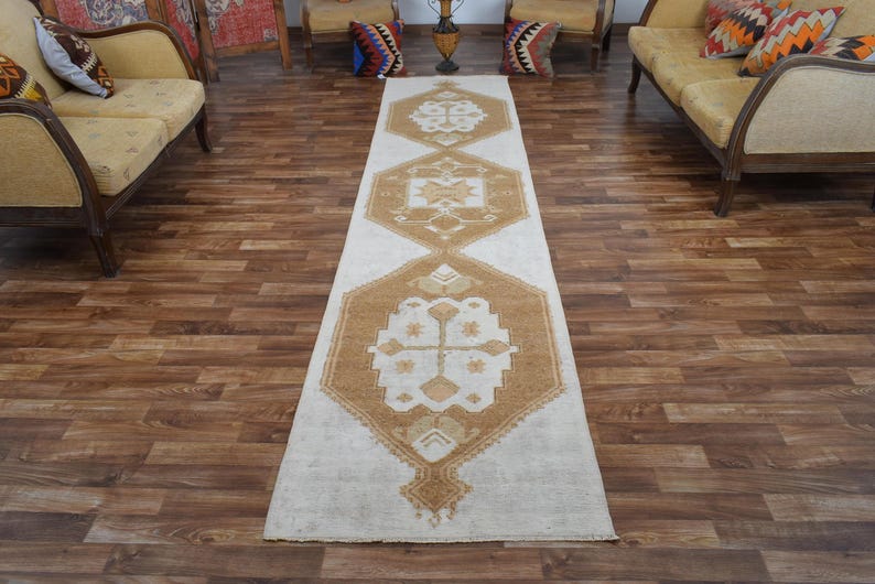 Diamond Runner Rug 3x13 Vintage Golden Tan Diamond Runner Rug, Soft Off-white Handmade ...