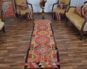 Organic Vintage Reversible Kilim Runner Rug, Turkish 2x10 Hand-Made %100 Wool Geometric Rug