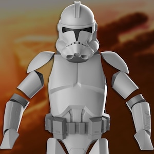 May include: A 3D rendering of a white Clone Trooper armor set, showcasing the front and back views. The armor includes a helmet, shoulder pads, chest and back plates, and utility belt. The image also features a logo that says "Fennec Workshop".