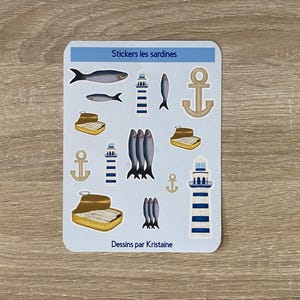 Planche de Stickers Marins "Sardine & Compagnie" - Ancre, Phare, Boîte Sardines - Déco Océanique Adorable, Tendance, parfait Bullet journal