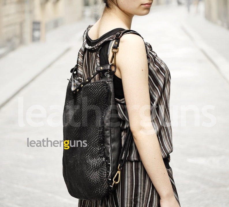 Italian Woven Leather Bag Convertible Leather Tote CHRISTINA LEATHER CONVERTIBLE Backpack Leather Crossbody Bag Woman Black Leather Bag