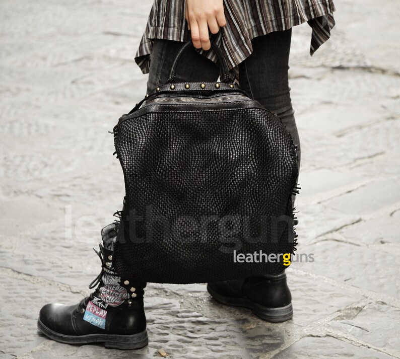 Italian Woven Leather Bag Convertible Leather Tote CHRISTINA LEATHER CONVERTIBLE Backpack Leather Crossbody Bag Woman Black Leather Bag