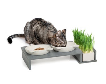 Barre d'alimentation "Cat Diner" aspect béton | avec trois bols en céramique