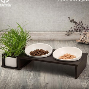 Food bar "Cat Diner" hardboard wooden frame in a dark look for cats with a third bowl for e.g. cat grass