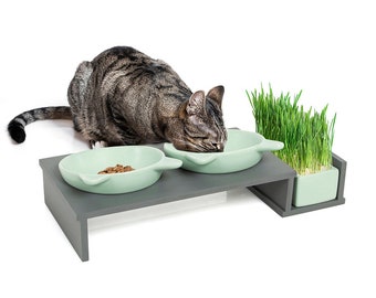 Barre alimentaire "Cat Diner" en gris avec trois bols en céramique vert menthe environ 41,4 x 18,5 x 7 cm