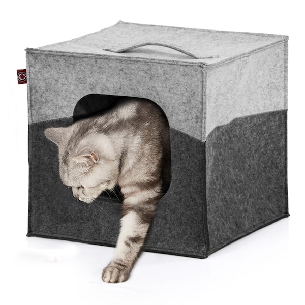 Filzwürfel - Katzenhöhle aus Filz inkl. Flauschkissen | hellgrau-dunkelgrau Katzenbett Haustierbett