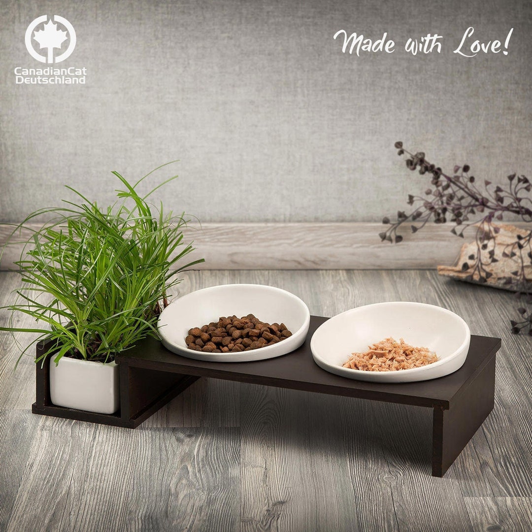 Feeding Bar cat Diner Hard Fiber Wooden Frame in a Dark Look for Cats With  a Third Bowl for E.g. Cat Grass -  Denmark