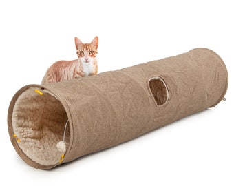 Tunnel pour chat XXL avec fourrure câline | marron - beige | environ 35 x 150 cm