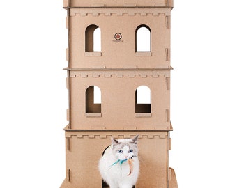 Compagnie canadienne des chats | Château pour chat XXL, maison pour chat, tour pour chat, robuste, en carton ondulé, grands chats, maisonnette pour chats, 62 x 62 x 105 cm