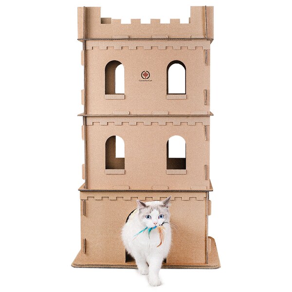 Compagnie canadienne des chats | Château pour chat XXL, maison pour chat, tour pour chat, robuste, en carton ondulé, grands chats, maisonnette pour chats, 62 x 62 x 105 cm