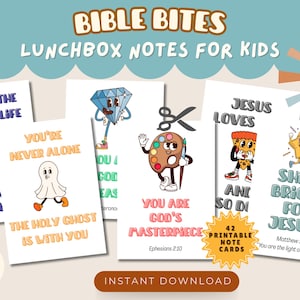 May include: A collection of illustrated lunchbox notes for kids with Bible verses and encouraging messages. The cards feature cartoon characters and phrases like "Jesus is the bread of life" and "You are God's masterpiece."
