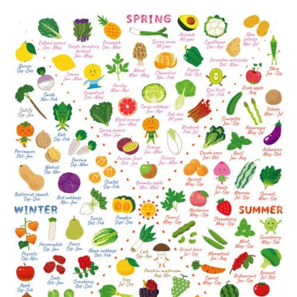 Seasonal food guide PRINTABLE/ DOWNLOADABLE educational vegetable seasonality infographic chart poster for chefs teachers kitchen decor