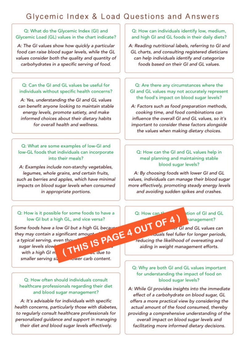 Glycemic Index and Glycemic Load Food List, At-a-glance 4-page PDF ...