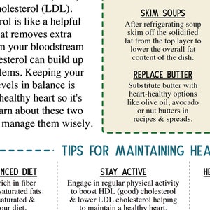 Etsy listing for a digital download. A guide to foods to lower your cholesterol. 2 page PDF. What foods and ingredients are good, and what foods should be avoided or limited. Also som tips on how to cook. And other lifestyle tips.