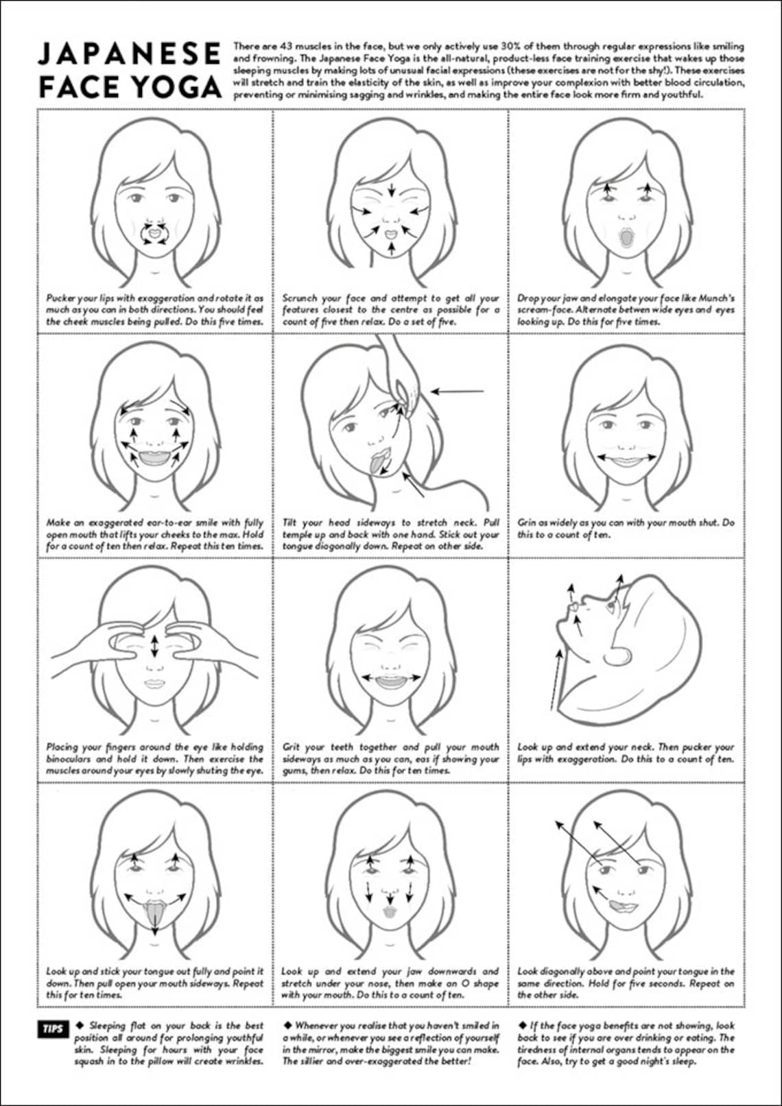 Japanese Face Yoga Facial exercise direction guide chart Etsy