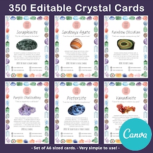 Conjunto de 350 Cartões de Informações de Cristais, CANVA EDITÁVEL. Lista o significado das pedras preciosas, chakras associados, citações de afirmação. Linda moldura de aquarela.