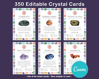 350 Crystal Information Cards Set, CANVA EDITABLE. Lists gemstone meaning, associated chakras, affirmation quotes. Pretty watercolor frame.