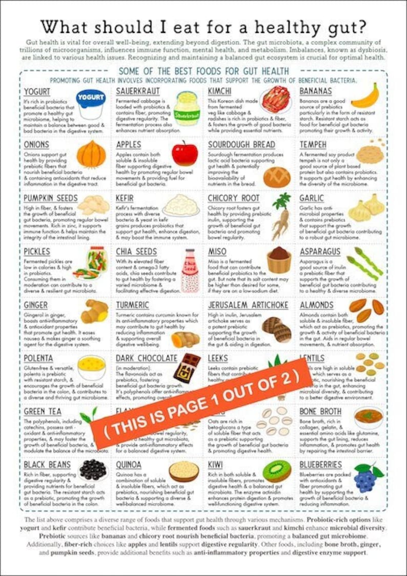 Nutrition for Gut Health Reference Chart, INSTANT DOWNLOAD 2page PDF
