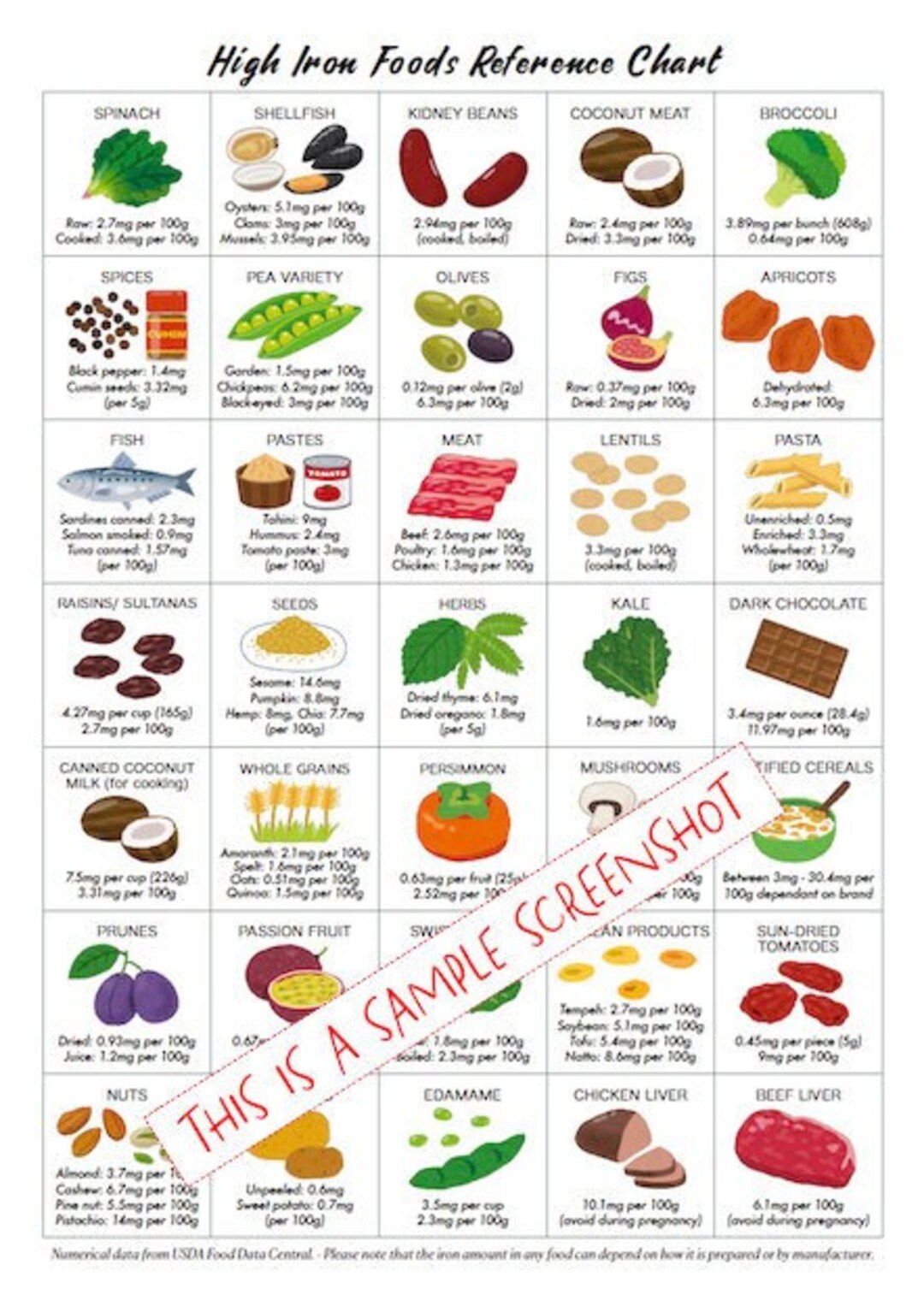 High Iron Foods List Poster Guide PRINTABLE DOWNLOADS Patient Education Cheat Sheet