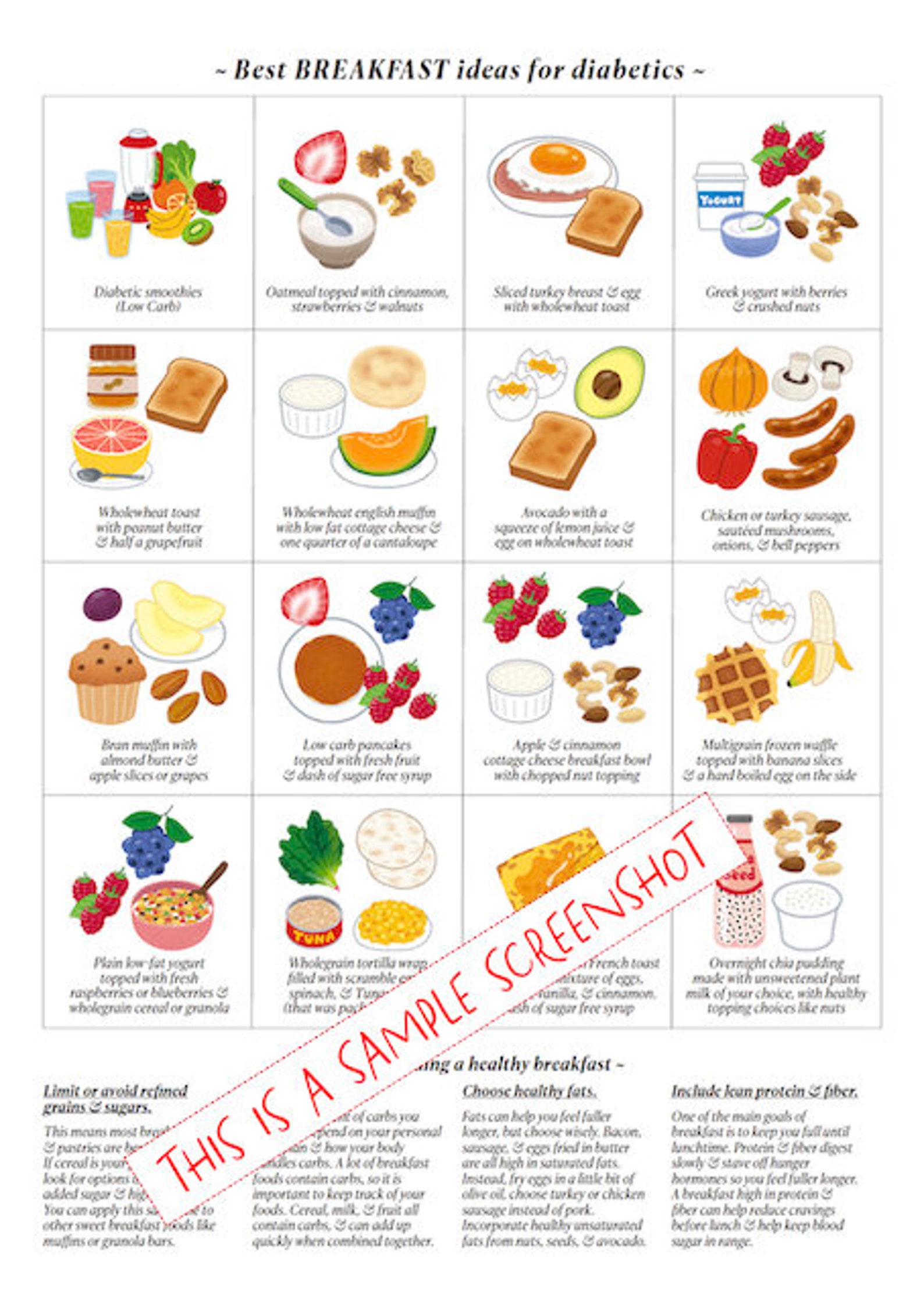 Diabetes Meal Ideas for Breakfast, Lunch & Dinner/ 3 Pdf PRINTABLE