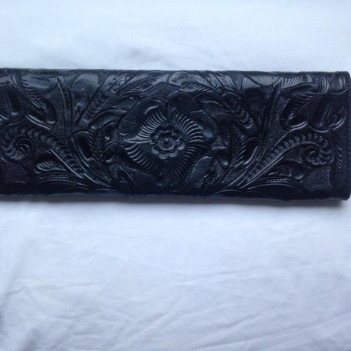 Black Leather Hand shops Tooled Clutch Bag 100% Mexican Handcrafted Handbag