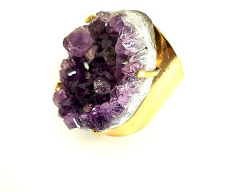 Amethyst Ring, Oval Ring, Adjustable Ring, Druzy Ring, Gold Plated,Cluster Ring, Natural Gemstone ring, Purple Druzy Ring.