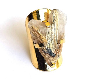 Golden Rutile, Rutile on Hematite, Quartz Ring,Natural Gemstone Ring, Gold Plated, Adjustable Ring,Gift for Her.