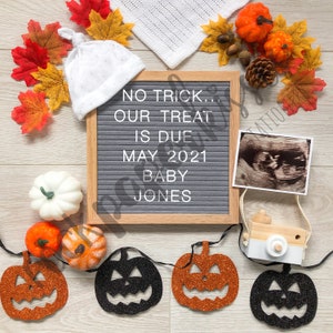 Redes sociales Halloween Otoño Anuncio digital de embarazo / Dulces y trucos / Calabaza / No hay dulces, solo dulces / Tablero de letras digital