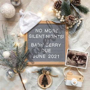 Christmas Social Media Digital Pregnancy Announcement | No More Silent Nights |  Holiday |  Neutral/ Snowy/ Silver