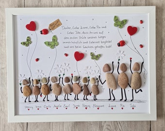 Puede incluir: Una obra de arte enmarcada que presenta un grupo de personas de guijarros que sostienen flores y corazones. La obra de arte incluye el texto "Eure kleine Wunder 2021" y "Danke, liebe diane, Liebe Pia und lieber Jobi, dass ihr uns auf dem ersten Stück unseres Weges immer herzlich und liebevoll begleitet und uns beim Wachsen geholfen habt." Los nombres Henry, Irma, Carlo, Amelie, Emil, Juna, Henry, Eleanore, diane, Pia y Jobi están enumerados debajo de las personas de guijarros.