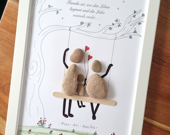 May include: A framed drawing of a family of three on a swing, with the text "Familie ist, wo das Leben beginnt und die Liebe niemals endet..." and "Max. Avi. Annika." below the drawing. The drawing is on a white background with a green grass field at the bottom.