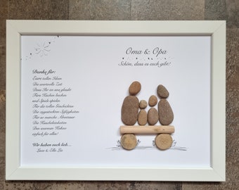 May include: A framed white card with a handwritten message thanking "Oma & Opa" for their love and support. The message is written in German. The card features a small stone family sitting on a wooden bench.