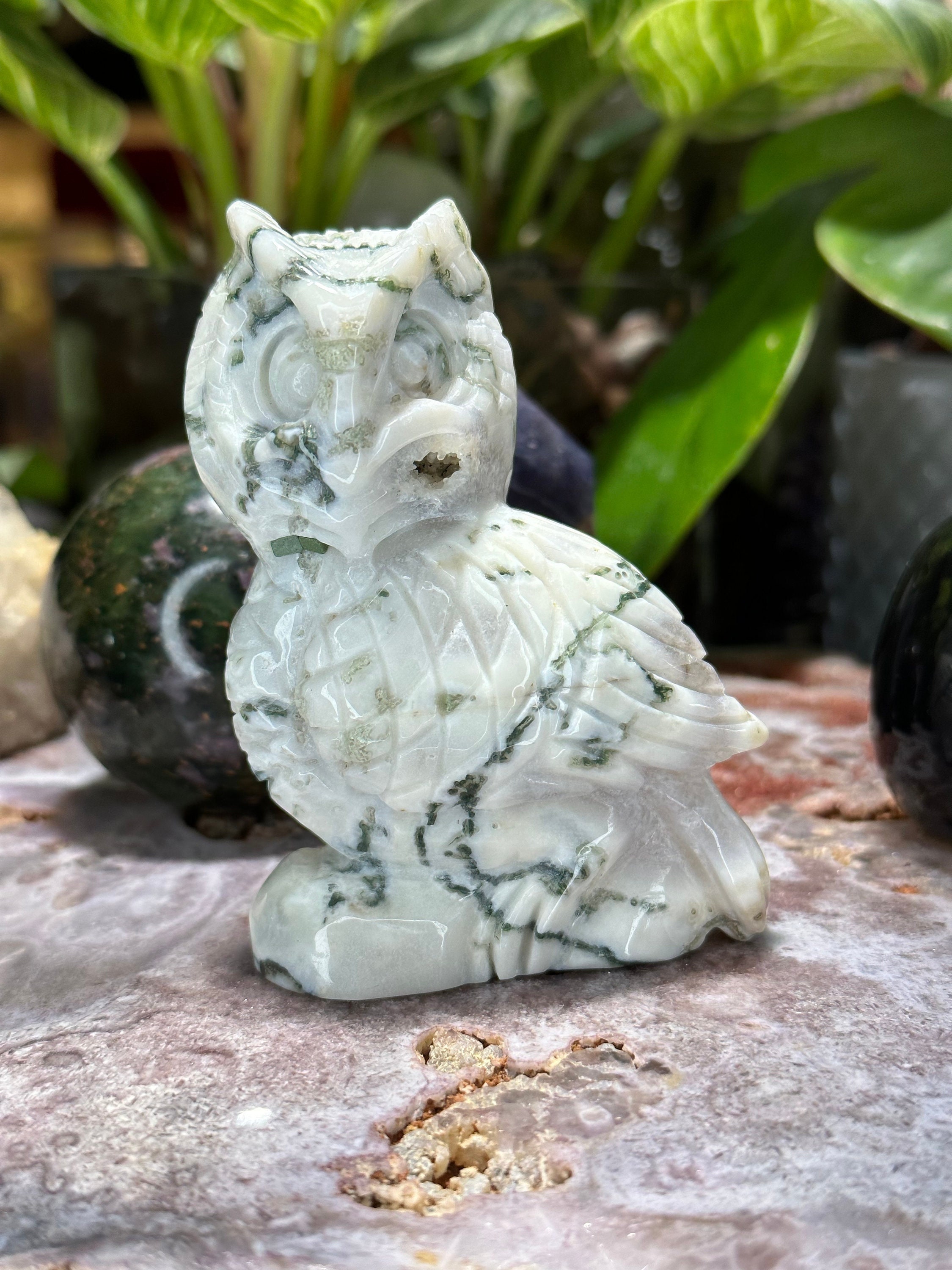Tree Agate Carved Owl  / Crystal Carved Owl - Hand Carved / Crystal Healing - Meditation / Yoga - Ow