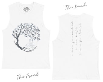 I Am Grounded, I Am Safe, I Am Protected, I Trust, Earth Symbol Unisex White Muscle Shirt, Buddha, Tree of Life, I Am Rooted, Comfy, Cozy